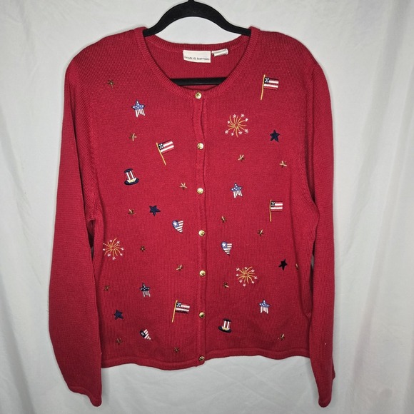 croft & barrow Sweaters - CROFT & BARROW Women's Cardigan XL Red Stars & Stripes Americana USA Flag